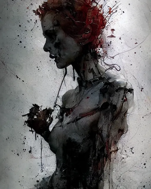 Image similar to beautiful redhead woman, wires, skulls!! machines ( by emil melmoth zdzislaw belsinki craig mullins yoji shinkawa ) realistic render ominous detailed photo atmospheric by jeremy mann francis bacon and agnes cecile ink drips paint smears!! digital glitches glitchart!!