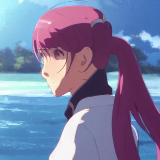 Image similar to a girl with a pink double ponytail, by makoto shinkai