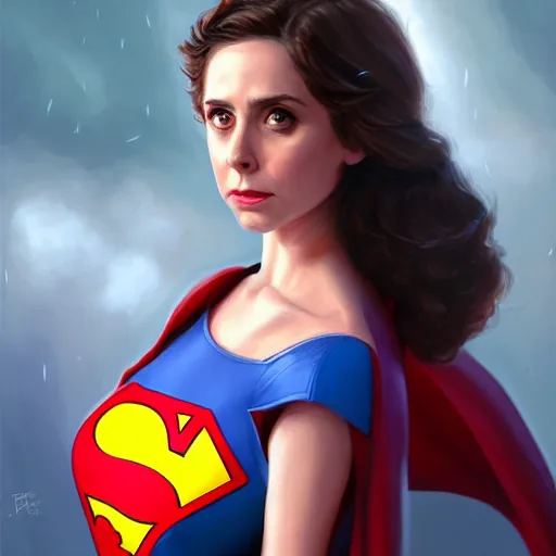 Prompt: Alison brie, dressed as Superman ultra wide lens shot , tiny, small, short, cute and adorable, pretty, beautiful, DnD character art portrait, matte fantasy painting, DeviantArt Artstation, by Jason Felix by Steve Argyle by Tyler Jacobson by Peter Mohrbacher, cinematic lighting