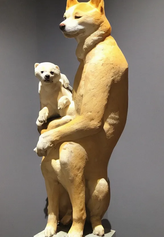 Image similar to ancient roman statue of a shiba inu inside an alien museum