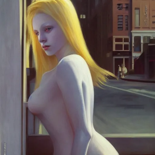 Prompt: Painting of a girl in a cyberpunk city, long blonde hair, delicate, pale milky white porcelain skin, by Edward Hopper. 8K. Extremely detailed.