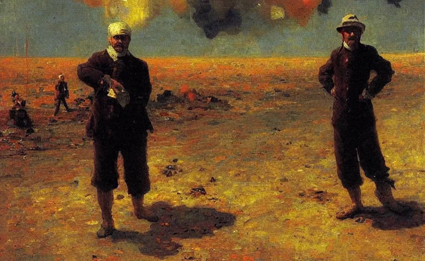 Image similar to high quality high detail painting by ilya repin man standing in front of huge explosion hd