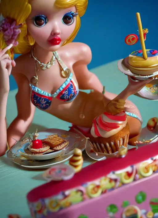 Image similar to closeup of a tin toy bikini girl eating cakes, depth of field, zeiss lens, detailed, symmetrical, centered, fashion photoshoot, by nicoletta ceccoli, mark ryden, lostfish, earl nore, hyung tae, frank frazetta, breathtaking, 8 k resolution, extremely detailed, beautiful, establishing shot, artistic, hyperrealistic, octane render