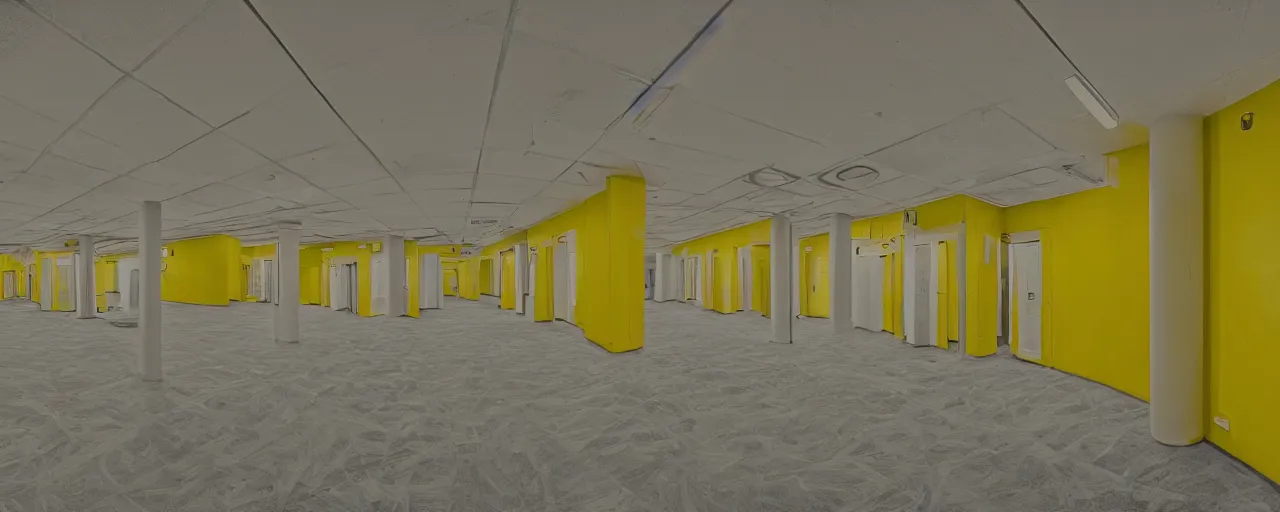 Image similar to the backrooms, walls with a monochromatic tone of yellow, and buzzing fluorescent lights, extremely high detail, photo realistic, post processed, cinematic, 8k UHD