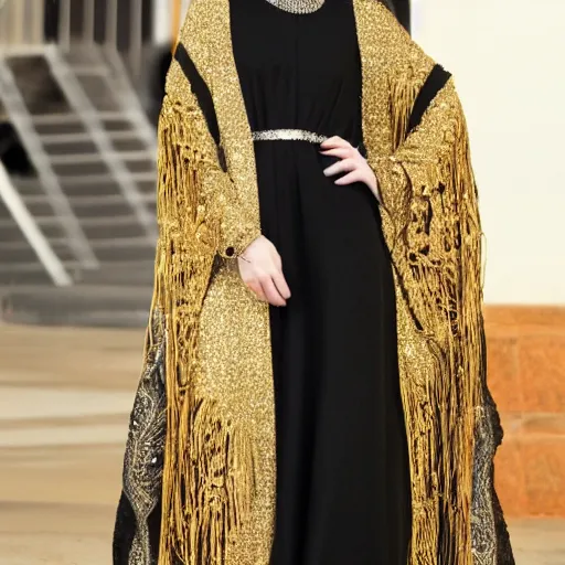 Image similar to A full body portrait ,of Emma Stone ,wearing a Black Arabian khaleeji abaya , high quality, fully detailed, 4k