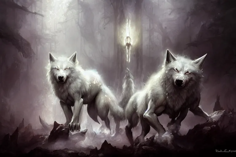 Prompt: white magical wolves made of magical electrical energy, painted by Bastien Lecouffe-Deharme, Frank Frazetta, 4k, 8k, HD