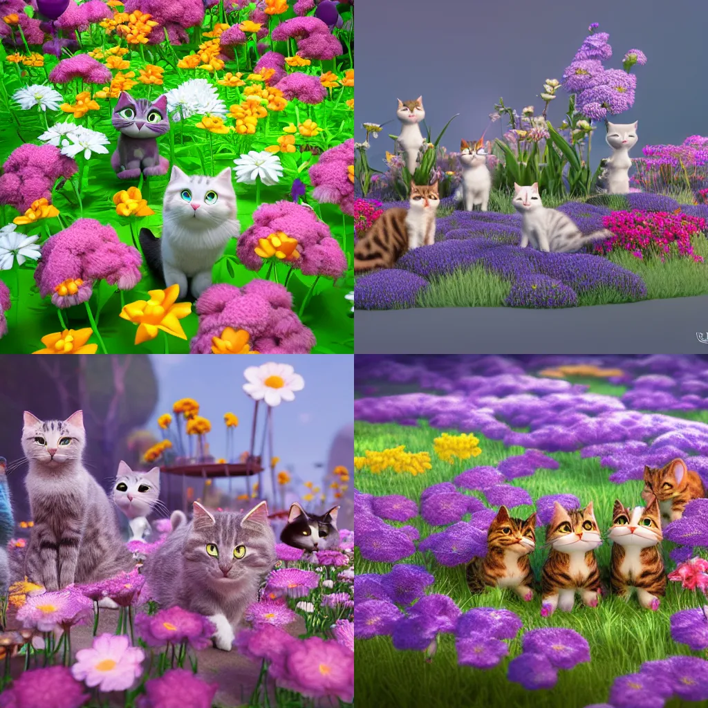 Prompt: group of cats among flowers, pixar animation，hyper detailed, studio lighting, artstation, octane renderer, unreal engine