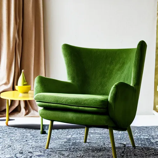 Prompt: an avacado chair, an armchair that looks like an avacado with green leather and seed yolk, award winning design, studio lighting, advanced photography, beautifully lit