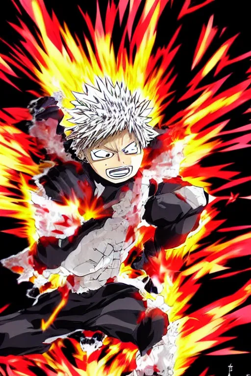 Image similar to a manga panel of bakugo katsuki with an explosion behind him, by kohei horikoshi