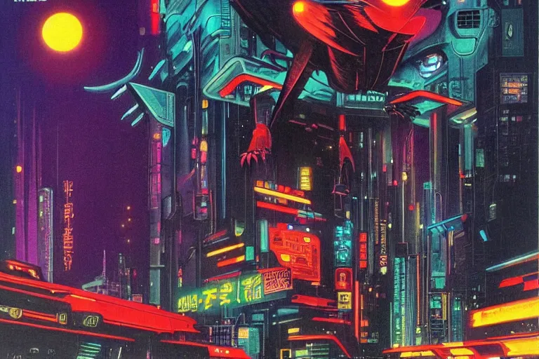 Image similar to 1979 OMNI Magazine Cover of a raven in neo-Tokyo in cyberpunk style by Vincent Di Fate