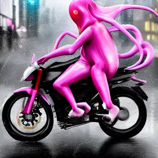 Prompt: hyper realistic, photo, humanoid pink female Squid girl, riding a motorcycle fast in the rainy city traffic