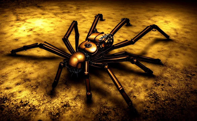 Image similar to mechanical steampunk spider in a large dimly lit wet sewer, ultra detailed digital art, fine drawing, grunge, hyper real, 4 k, moody lighting, warm colors, shaded