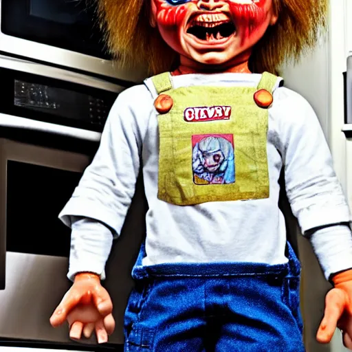 Image similar to chucky the killer doll standing on the kitchen table