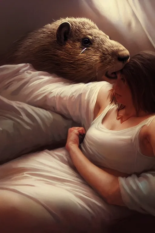 Image similar to drug addicted groundhog lies on the bed, realistic portrait, highly detailed, digital painting, artstation, concept art, smooth, sharp focus, illustration, cinematic lighting, art by artgerm and greg rutkowski and alphonse mucha