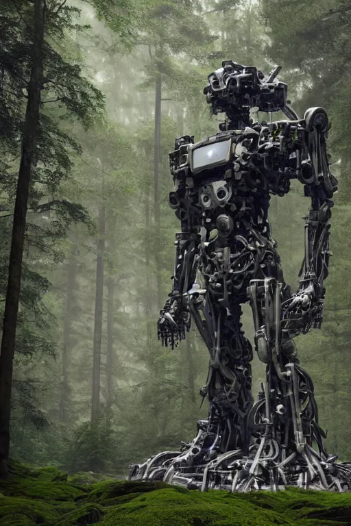 Image similar to A large mechanical robot statue in the middle of a forest by Greg Rutkowski, Sung Choi, Mitchell Mohrhauser, Maciej Kuciara, Johnson Ting, Maxim Verehin, Peter Konig, final fantasy , 8k photorealistic, cinematic lighting, HD, high details, atmospheric,