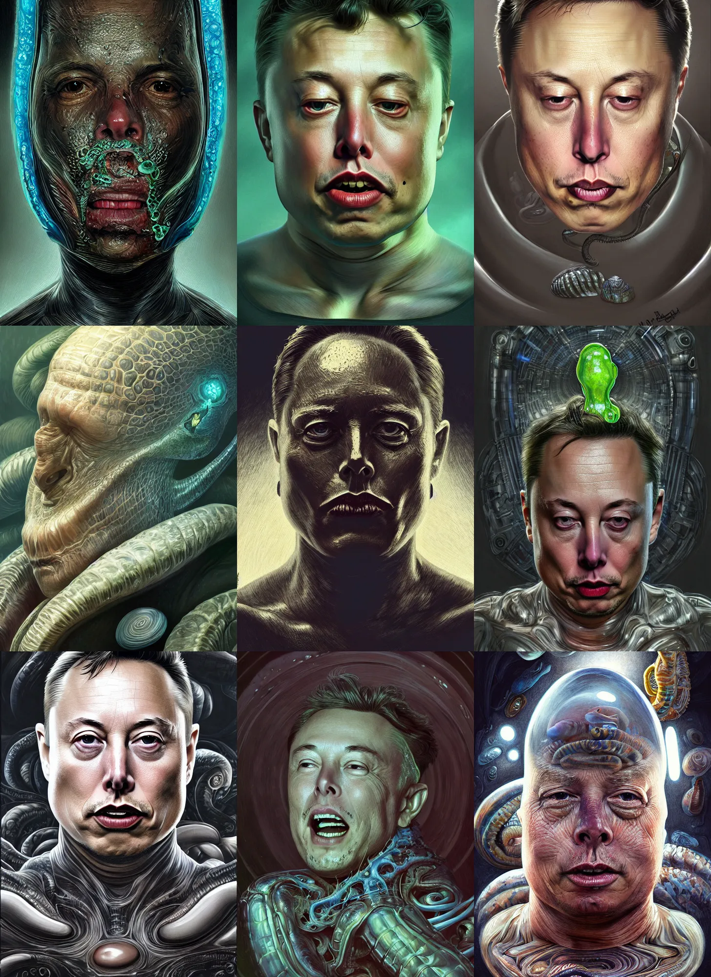 Prompt: hyperrealistic cell shaded por! dream elon musk as mollusk, slime, drool, portrait, intricate, elegant, highly detailed, digital painting, artstation, concept art, wallpaper, smooth, sharp focus, illustration, art by h. r. giger and artgerm and greg rutkowski and alphonse mucha