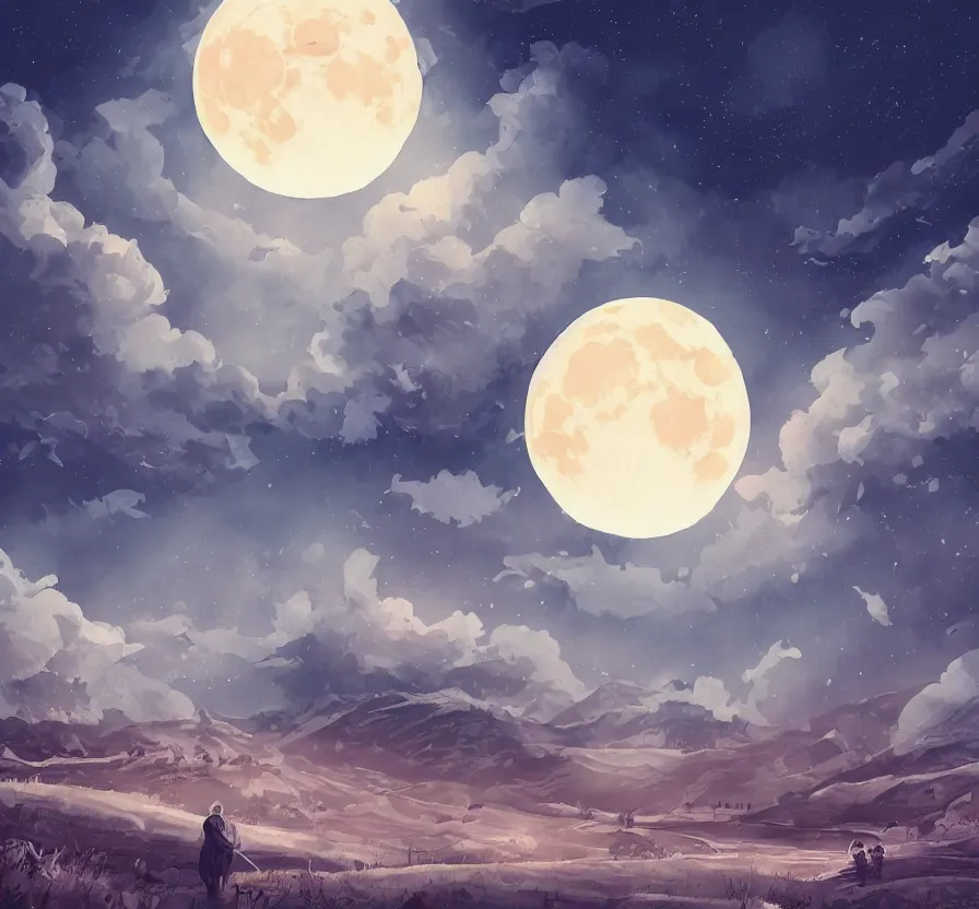 Image similar to day landscape with big moon background, acrilic paint, digital, artstation, detailed, intricate, ink, illustration, heavenly atmosphere