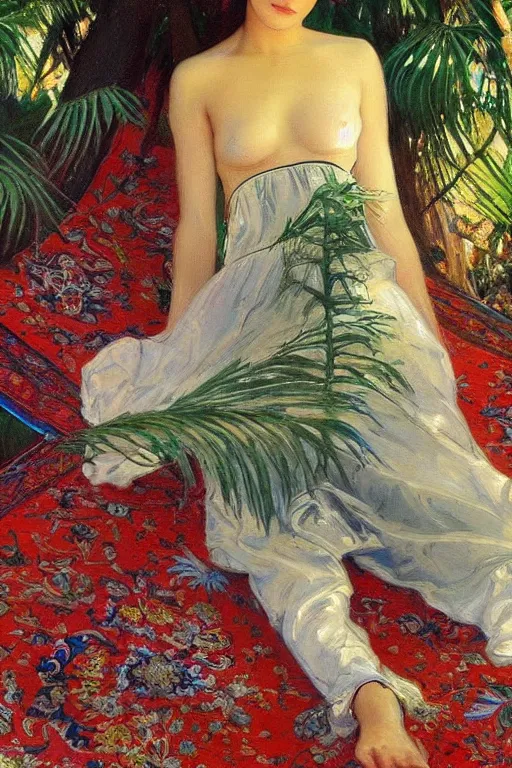 Image similar to gorgeous iranian girl with detailedly skirt lay down on a detailed persian carpet, tree palms in background, painting by john singer sargent