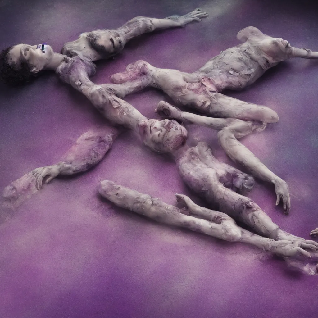 Image similar to iridiscent oil spill with women corpses connected by cables and computers to wax forms to a buried baby relaxing on yoga mat, faded, iridiscent gradient, dust, purple fog, depth of field, by nadav kander and hans bellmer, 8 k, ultrarealistic, sad atmosphere, cinematic, 8 5 mm lens