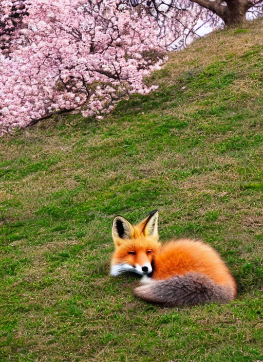 Prompt: a fox sitting curled up under a Sakura tree on a grassy hill, subtle colors.