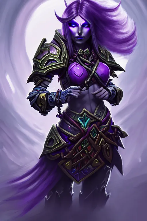 Image similar to alexey gurylev, pale sylvanas windrunner in sci - fi power armor with purple hair, mysterious, deep focus, d & d, fantasy, complex, elegant, highly detailed, digital painting, artstation, concept art, matte, clear focus, illustration, hearthstone, artgerm art, greg rutkovsky and alphonse mucha