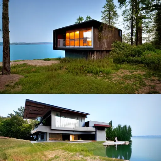 Image similar to wes anderson style modern house near the lake