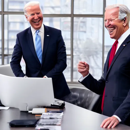 Image similar to stock photo of kim kardashian, and joe biden wearing suits and ties laughing in an office building, 8k resolution, full HD, cinematic lighting, award winning, anatomically correct