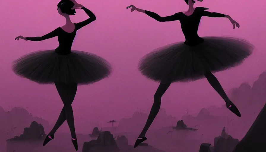 Prompt: a beautiful highly detailed matte painting of black devil ballerinas dancing on stage by atay ghailan, cliff chiang, loish and goro fujita, black, white and pink mystical tones, featured on artstation, featured on behance, grunge aesthetic, spooky