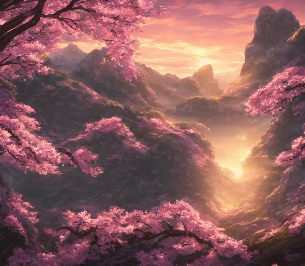 Prompt: sakura blossom in the mountains, stunning, extraordinary, made in abyss style, epic sunset, detailed, dynamic scene