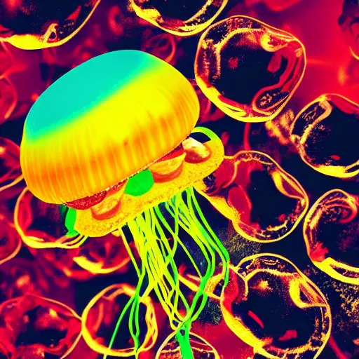 Prompt: hamburger mix jellyfish, cg, 8 k, surrealistic, sharp focus, super resolution, style by andy warhol