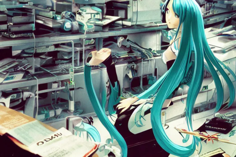 Image similar to hatsune miku gnu / linux desktop environment, romance novel cover, cookbook photo, in 1 9 9 5, y 2 k cybercore, industrial photography, still from a ridley scott movie