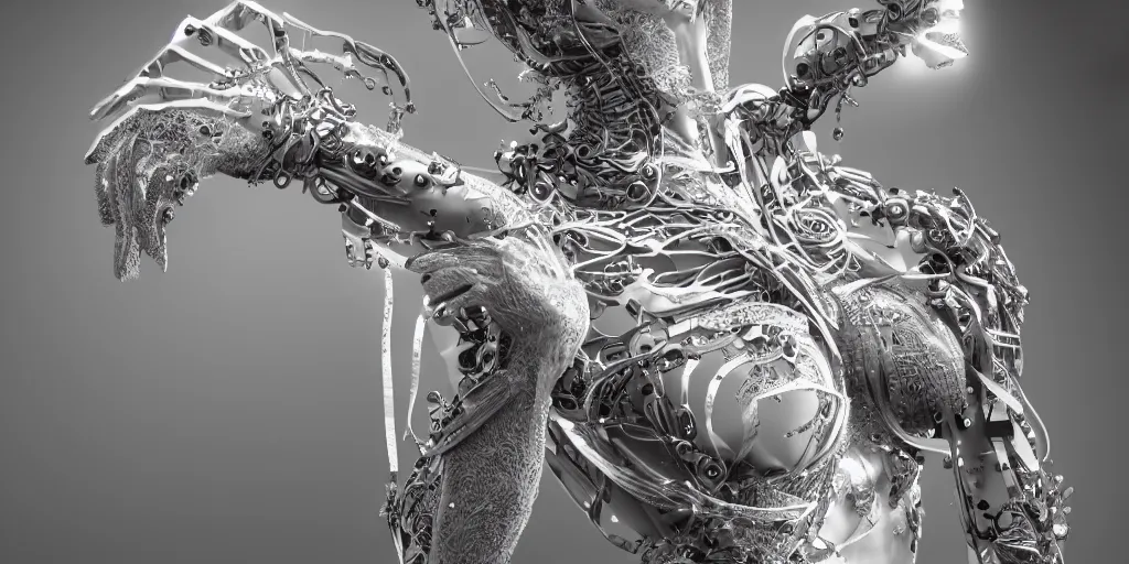 Image similar to hyper realistic photography of a stunningly beautiful cyborg female, plated arm, intimate, chest, holding close, ribbons, in the style of beth cavener, jin kagetsu,, and wlop, highly detailed, intricate filigree, symmetry, masterpiece, award winning, sharp focus, concept art, highkey lighting, ambient lighting, octane render, 8 k, artstation