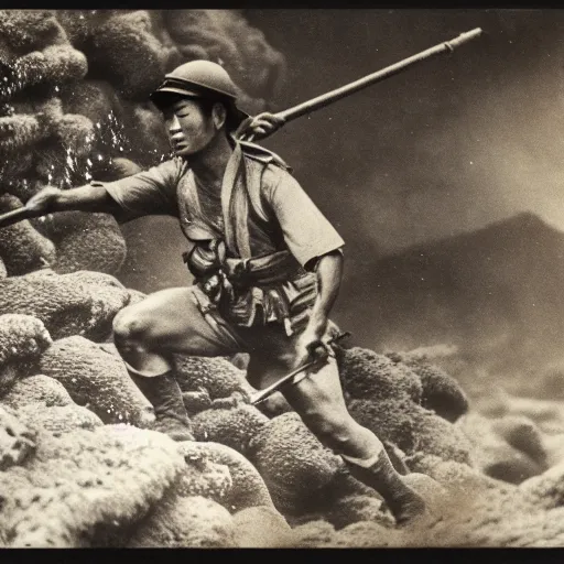 Prompt: historical picture of japanese soldier swimming on indonesian lava mountain, in hd picture, and photorealism, with detail image and description