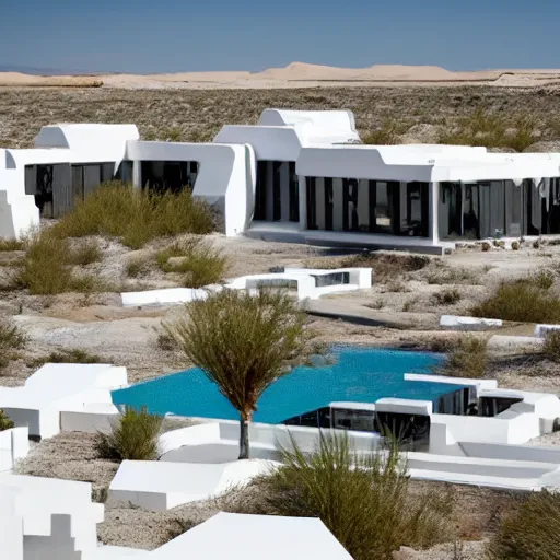 Image similar to white habitat 6 7, lego architect building in the dessert, many plants and infinite pool