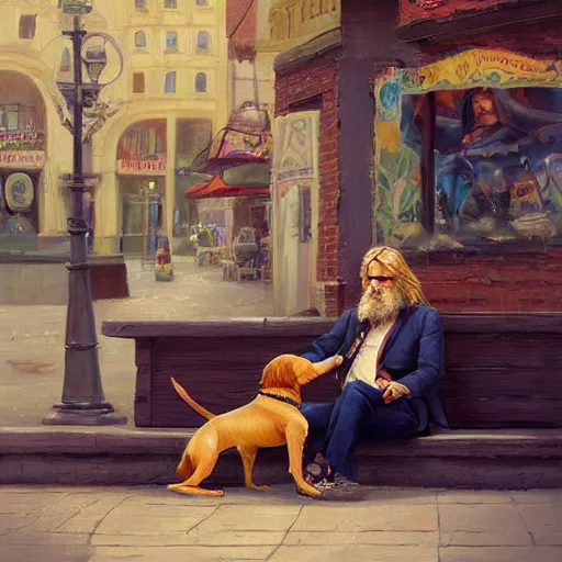 Prompt: oil painting of a man with long hair blond and a beard hippie style with his golden retrever dog playing guitar in the square for money, people watching around, by greg rutkowski, artstation