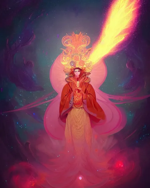 Prompt: a character portrait of only one male angel with golden fiery wings, surrounded with spiriling sparkling rose crystals and galaxies, by peter mohrbacher, hyper light drifter, ukiyo - e trending on artstation