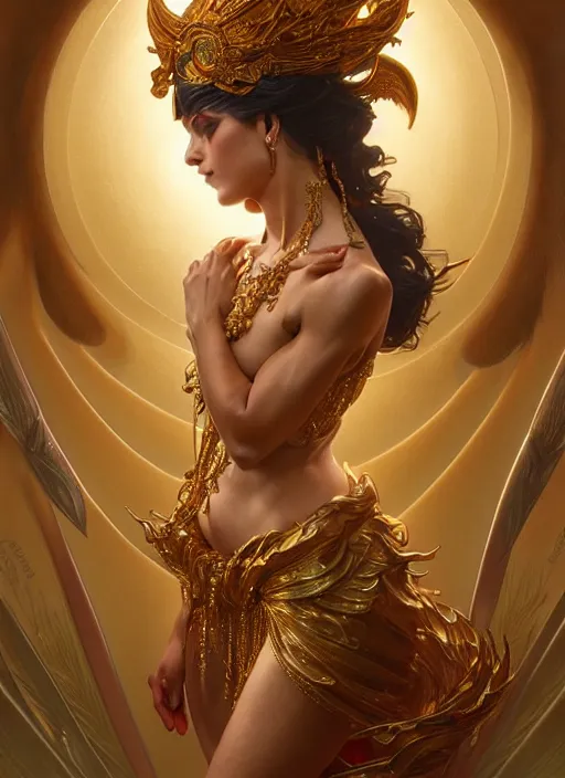 Image similar to strong and powerful goddess dancer of the underworld, shiny, intricate, elegant, highly detailed, ultra definition, digital painting, artstation, vray, concept art, smooth, high speed photography, illustration, art by artgerm and greg rutkowski and alphonse mucha and james jean