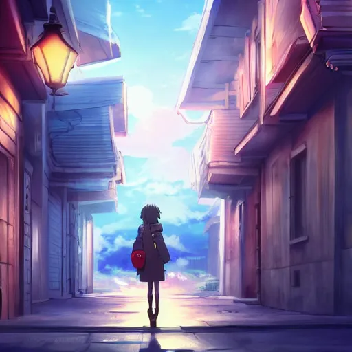 Prompt: a beautiful lonely street from an anime movie, romantic atmosphere, in the style of Tue Tue from ArtStation, digital art, 4k,