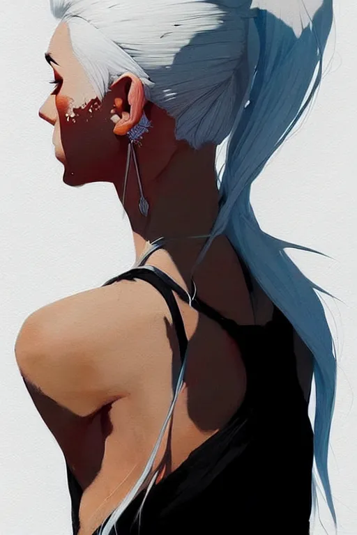 Image similar to a ultradetailed beautiful painting of a stylish woman in with white hair in a ponytail, she is wearing a black tank top, by conrad roset, greg rutkowski and makoto shinkai trending on artstation