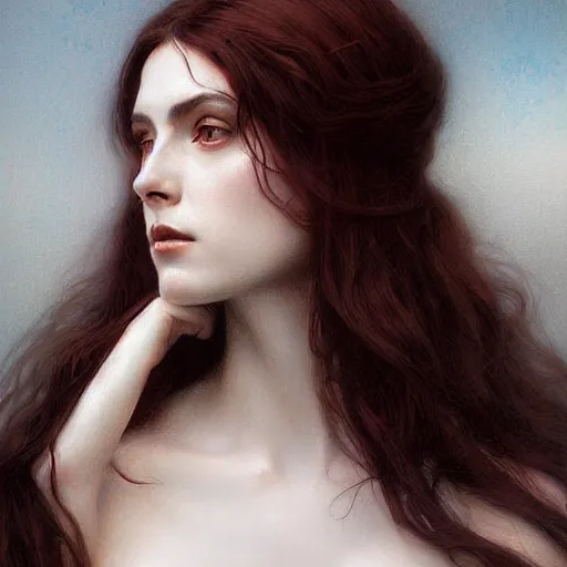 Image similar to beautiful striking Pre-Raphaelite Elvira by Artgerm and Greg Rutkowski, pale, intricate, elegant, highly detailed, digital painting