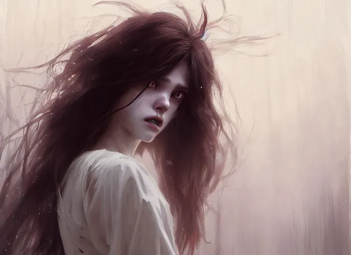 Image similar to white dress girl chasing from grim reaper, messy hair, messy lines, scared face, beautiful and aesthetic and attractive and detailed face, dramatic situation, specular reflection, occlusion shadow, intricate, bokeh, by ilya kuvshinov and jeremy lipking and quentin mabille