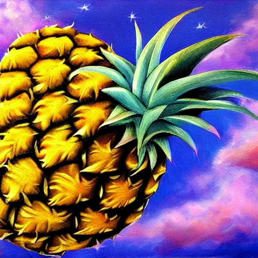 Image similar to a pineapple floating in space, oil painting