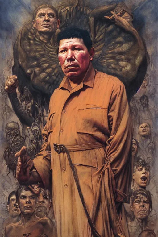 Image similar to a portrait of chavez by wayne barlowe, gustav moreau, goward,  Gaston Bussiere and roberto ferri, santiago caruso, and austin osman spare, occult art