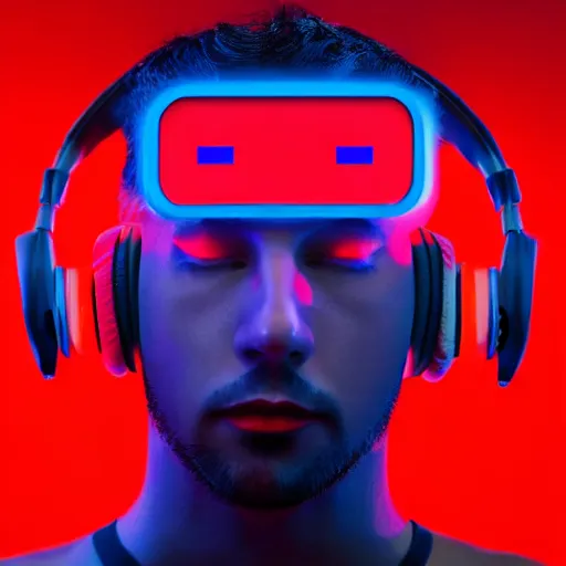 Image similar to a man, in red and blue spotlights, holds on to the headphones on his head, he wears dark visors, cyber songman, cyberpunk style portrait