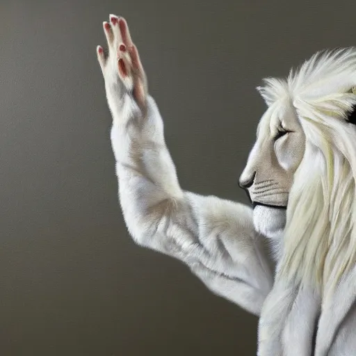 Image similar to abstract painting of albino white anthro lion wearing a coat