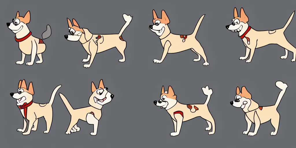 Prompt: cartoon dog, 4 frame walk cycle, digital art, vector art animation sheet