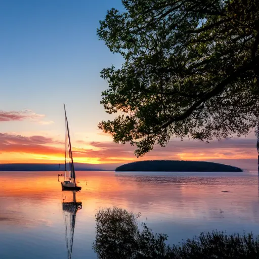 Prompt: 4k UHD photograph sunrise reflected from lake with trees on distant shore and a sailboat