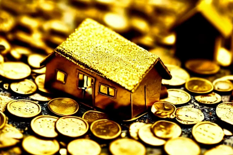 Image similar to a house, made of gold, under construction, with builders, with piles of coins around it