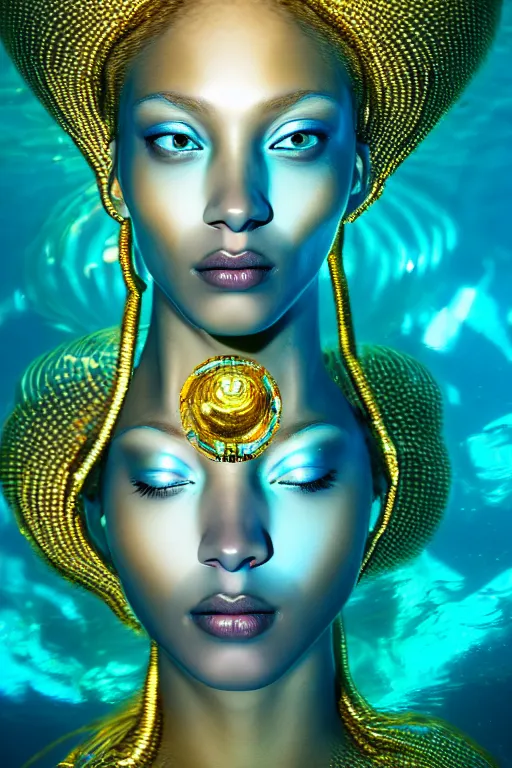 Image similar to hyperrealistic futurist full body cinematic very expressive! translucent oshun goddess underwater scene, gold jewerly, highly detailed face, digital art masterpiece, smooth eric zener cam de leon, dramatic pearlescent turquoise light on one side, low angle uhd 8 k, shallow depth of field