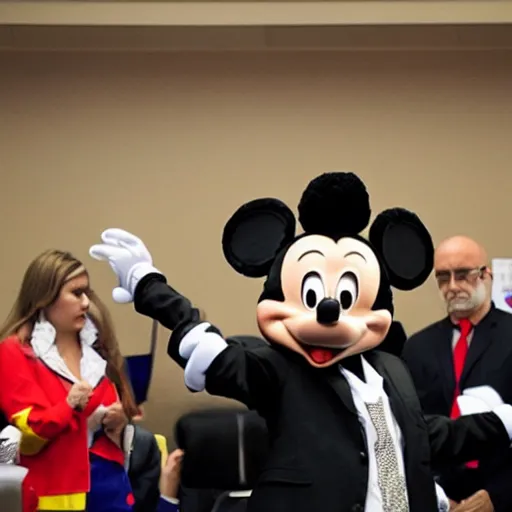 Image similar to man in mickey mouse costume on trial in congressional hearing